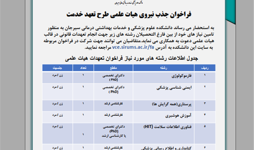 فراخوان جذب نیروی هیات علمی طرح تعهد خدمت